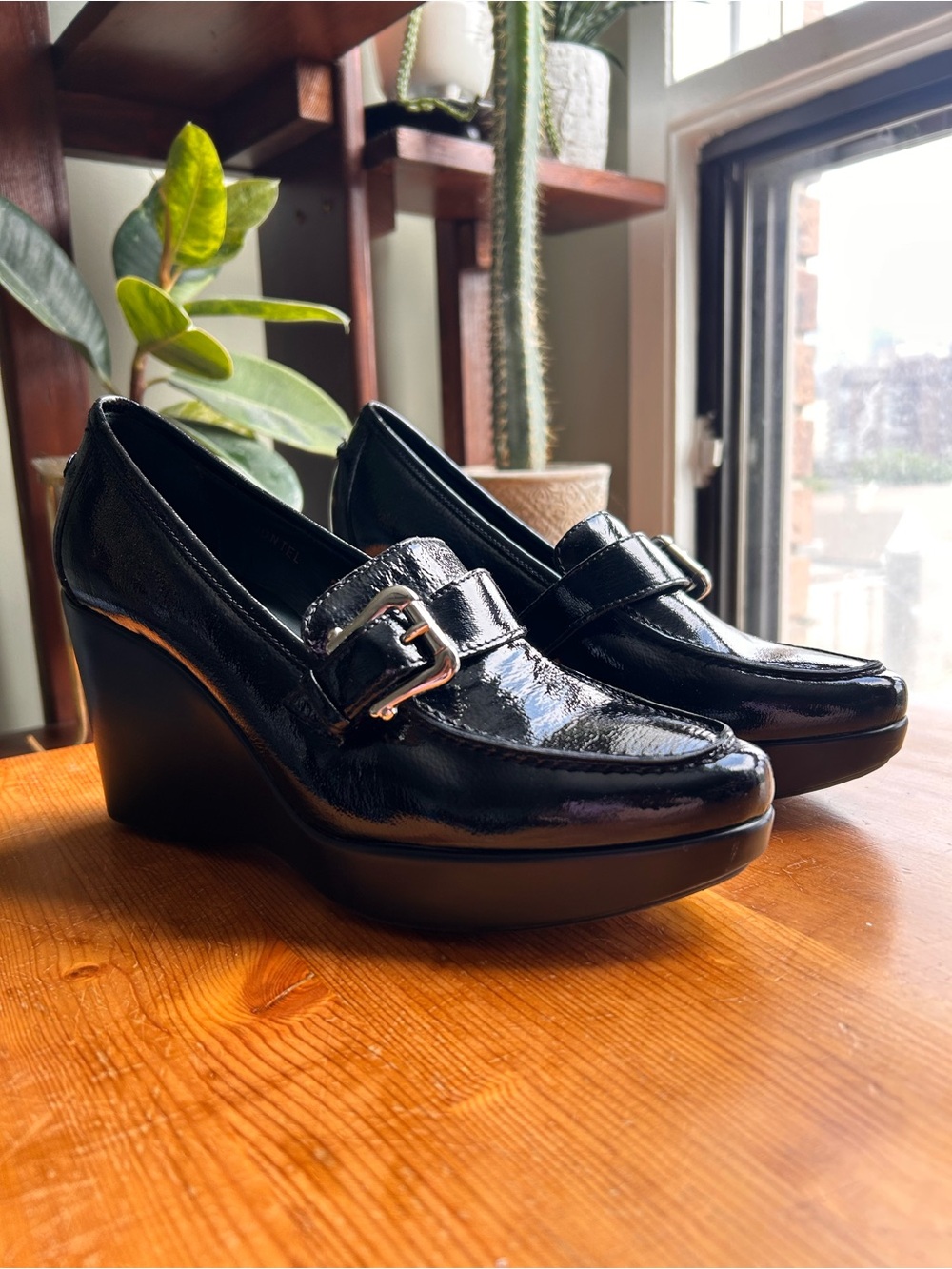 Donald J pliner Black Patent Wedge Loafers with silver Buckle- size 7